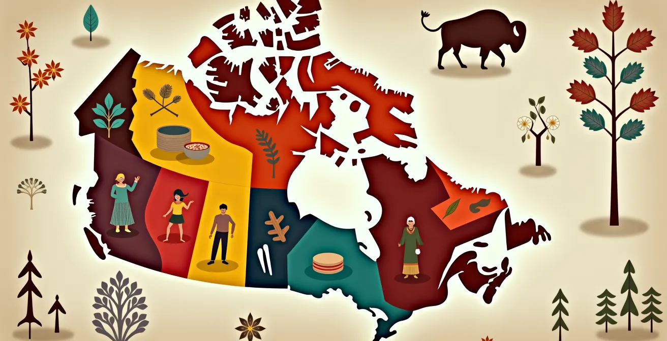 Carte stylisée illustrant les grandes aires culturelles des Premières Nations canadiennes avec symboles alimentaires et politiques