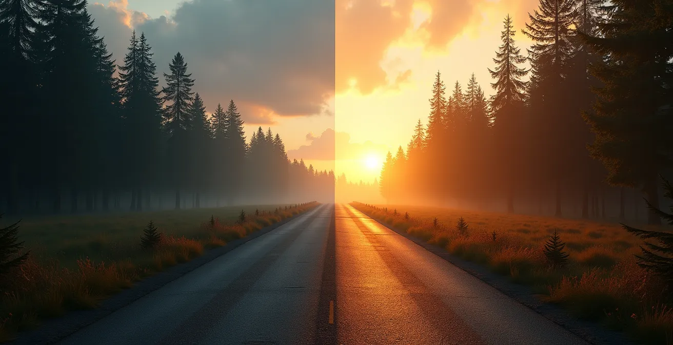 Illustration comparant un parc très fréquenté à côté d’un parc provincial calme au lever du soleil.