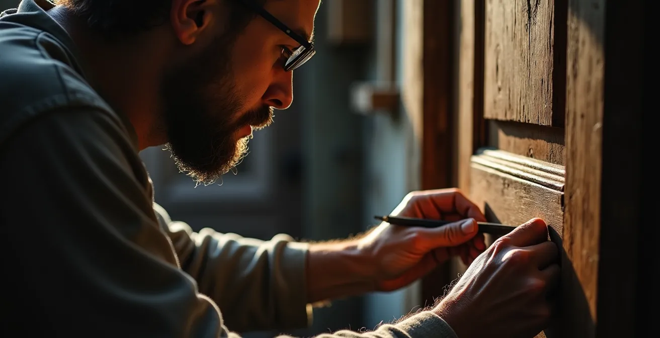 Artisan québécois travaillant avec des outils anciens dans un atelier traditionnel, mettant en valeur le savoir-faire ancestral