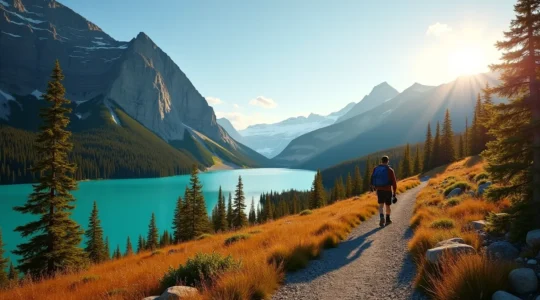 Panorama du parc national de Banff avec un sentier de randonnée au premier plan, des lacs turquoise et montagnes majestueuses en arrière-plan sous un ciel clair