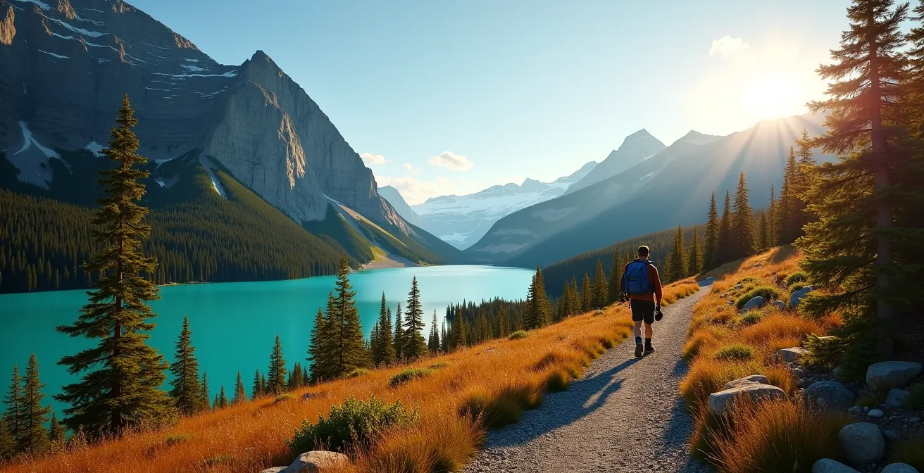 Panorama du parc national de Banff avec un sentier de randonnée au premier plan, des lacs turquoise et montagnes majestueuses en arrière-plan sous un ciel clair