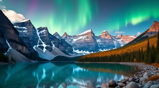 Vue panoramique époustouflante des Rocheuses canadiennes avec un lac turquoise au premier plan, des montagnes enneigées et des aurores boréales dans un ciel étoilé