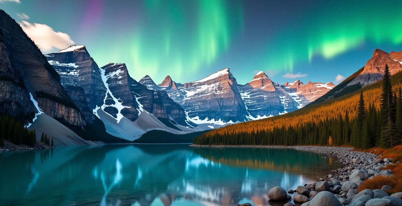 Vue panoramique époustouflante des Rocheuses canadiennes avec un lac turquoise au premier plan, des montagnes enneigées et des aurores boréales dans un ciel étoilé