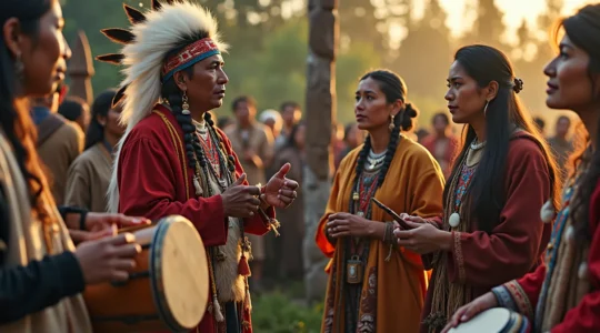 Représentation symbolique de la diversité des nations autochtones du Canada avec des éléments culturels traditionnels et contemporains