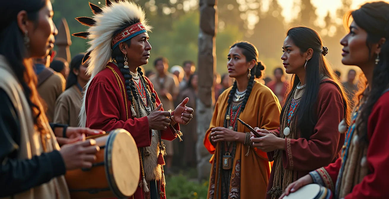 Représentation symbolique de la diversité des nations autochtones du Canada avec des éléments culturels traditionnels et contemporains
