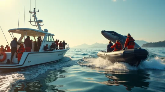 Un groupe de touristes en excursion maritime au Canada observant des baleines avec un catamaran et un zodiac en arrière-plan sous un ciel clair