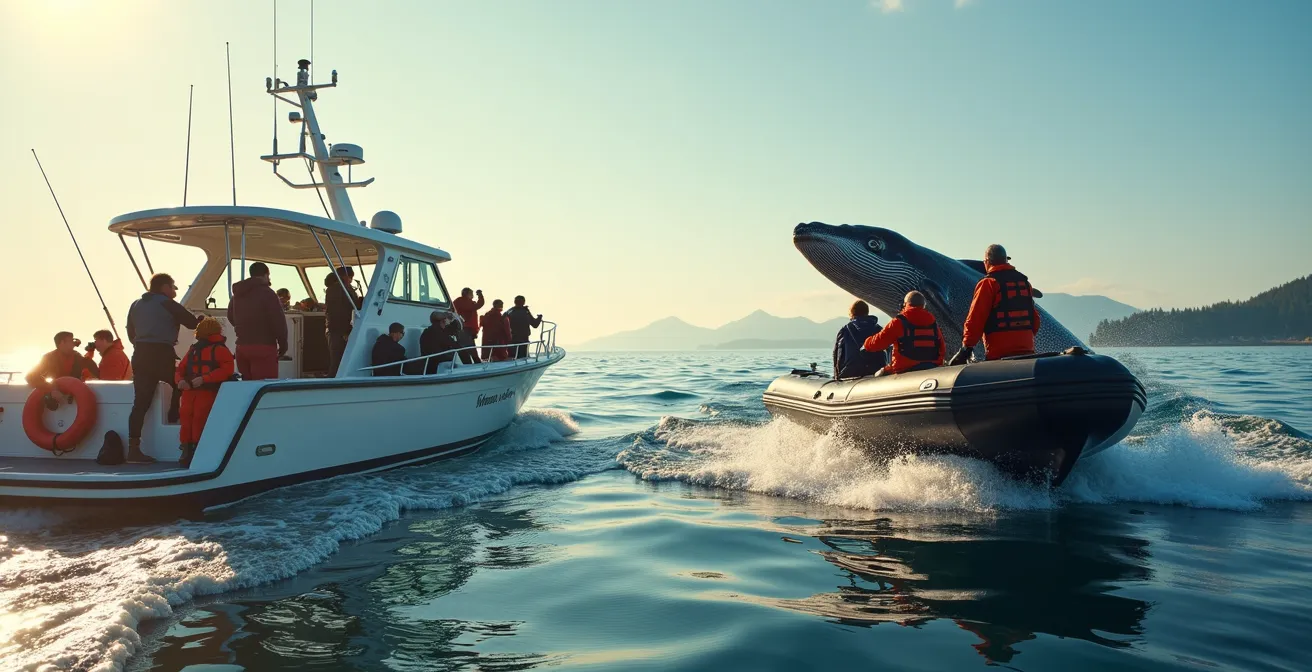 Un groupe de touristes en excursion maritime au Canada observant des baleines avec un catamaran et un zodiac en arrière-plan sous un ciel clair