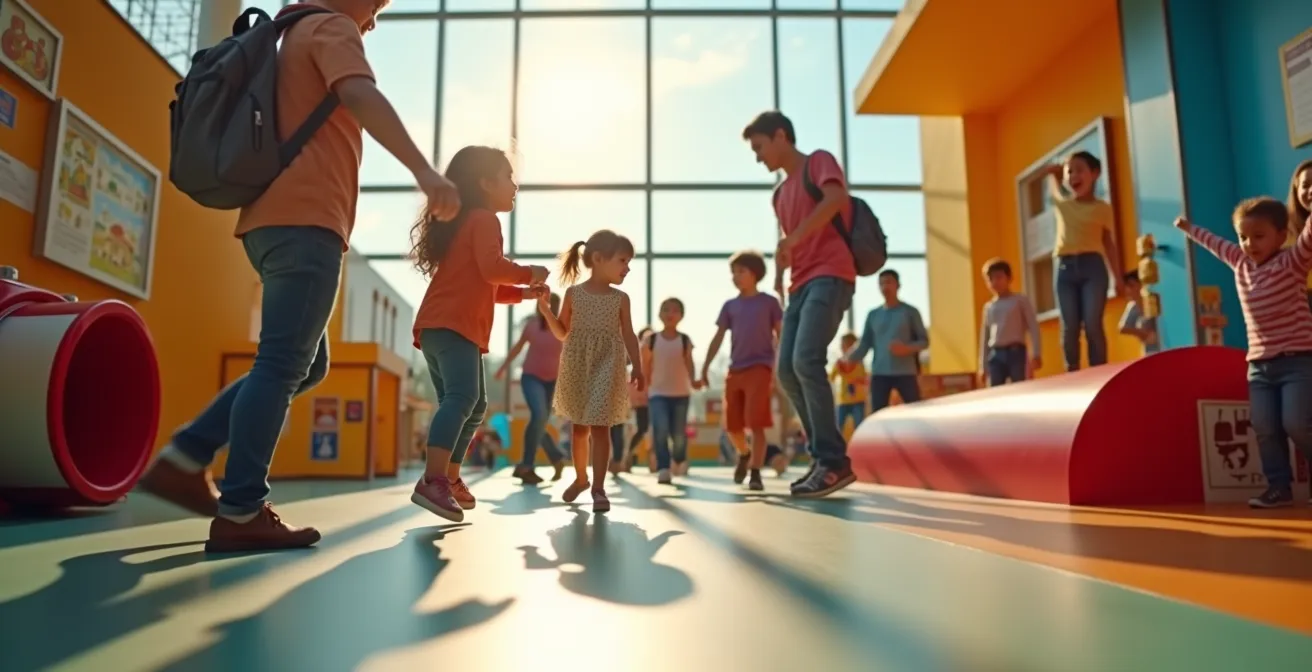 Famille avec enfants explorant une installation interactive et colorée dans un musée national d'Ottawa, mettant en avant le jeu et l'apprentissage.