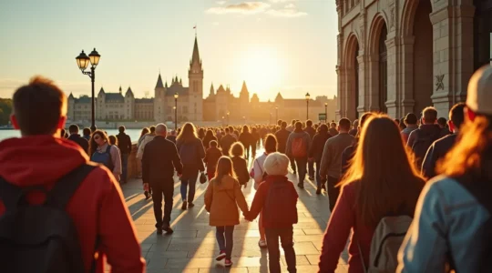 Vue panoramique d'une famille de visiteurs devant une façade emblématique de musée à Ottawa, avec la rivière et la colline du Parlement en arrière-plan, mettant en scène diversité et enthousiasme.