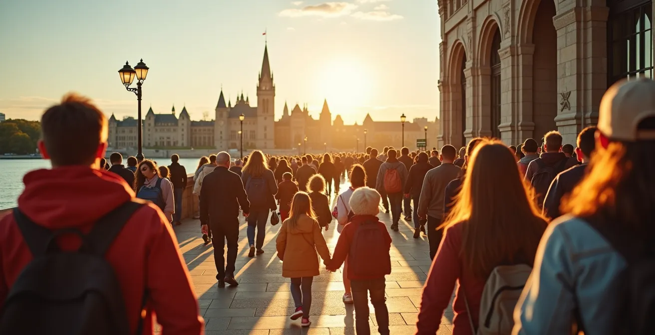 Vue panoramique d'une famille de visiteurs devant une façade emblématique de musée à Ottawa, avec la rivière et la colline du Parlement en arrière-plan, mettant en scène diversité et enthousiasme.
