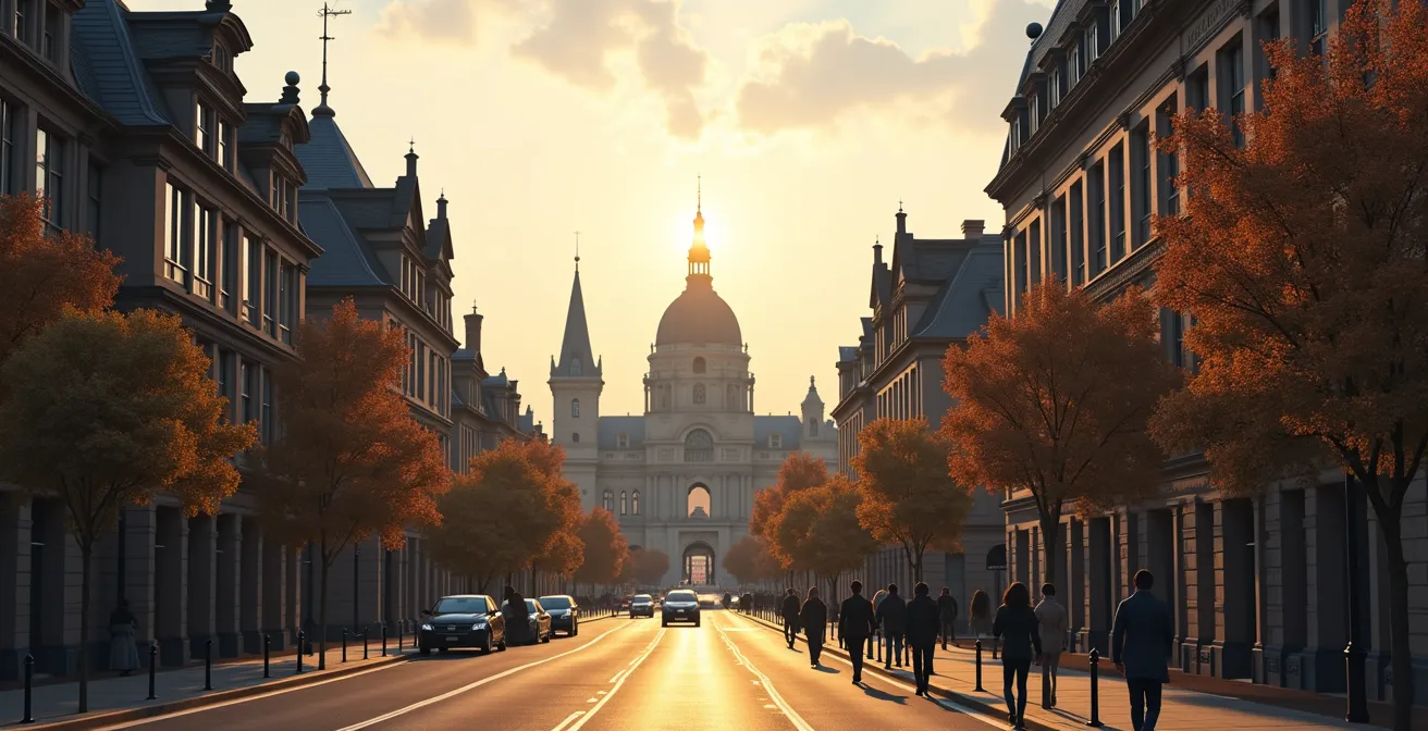 Vue panoramique d'un quartier urbain canadien mêlant architectures européennes historiques avec un mélange de styles victoriens, néoclassiques et châteaux