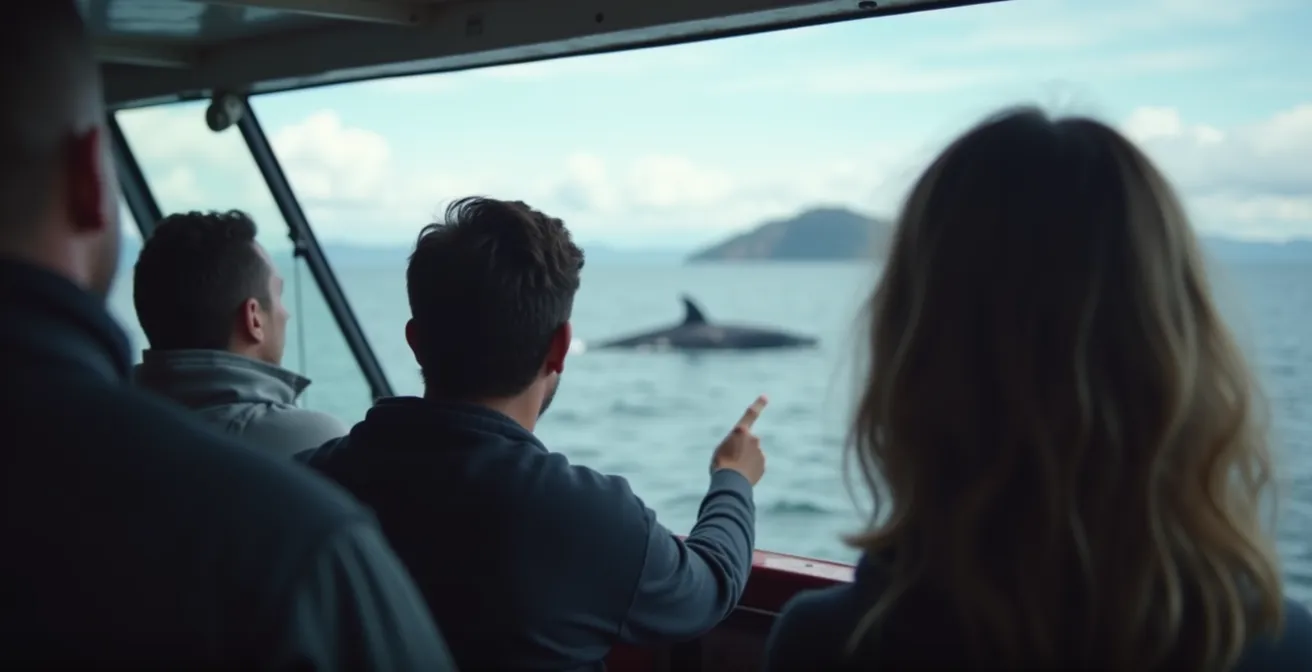 Image d'un passager respectueux observant les baleines en silence, avec un guide montrant les bonnes pratiques à bord d'un bateau au Canada