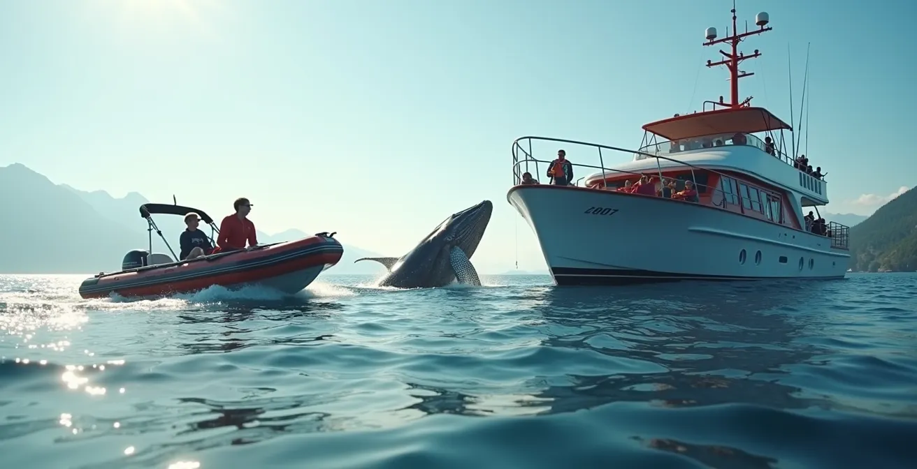 Image montrant un zodiac à côté d'un catamaran avec des baleines observées en mer au Canada