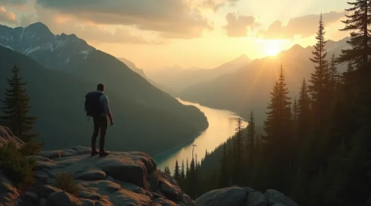 Randonneur contemplant un vaste paysage canadien sauvage sous un ciel doré
