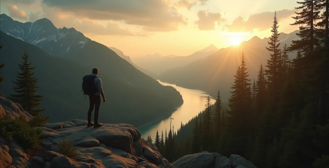 Randonneur contemplant un vaste paysage canadien sauvage sous un ciel doré