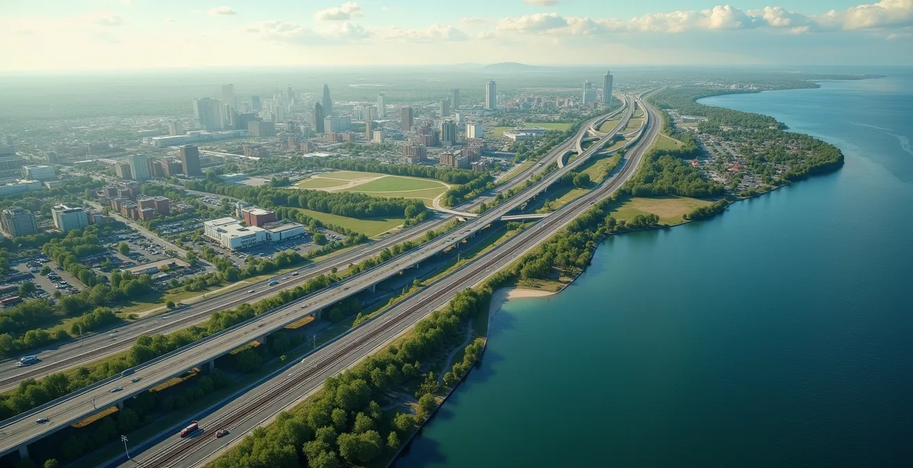 Réseau d'autoroutes et de chemins de fer illustrant les choix d'infrastructures qui ont historiquement connecté l'Ontario à l'Ouest en contournant le Québec