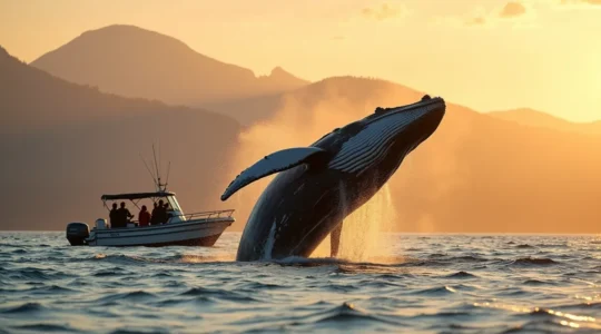Un groupe de baleines à bosse observées au large des côtes canadiennes sous un ciel lumineux avec un bateau d'observation en arrière-plan
