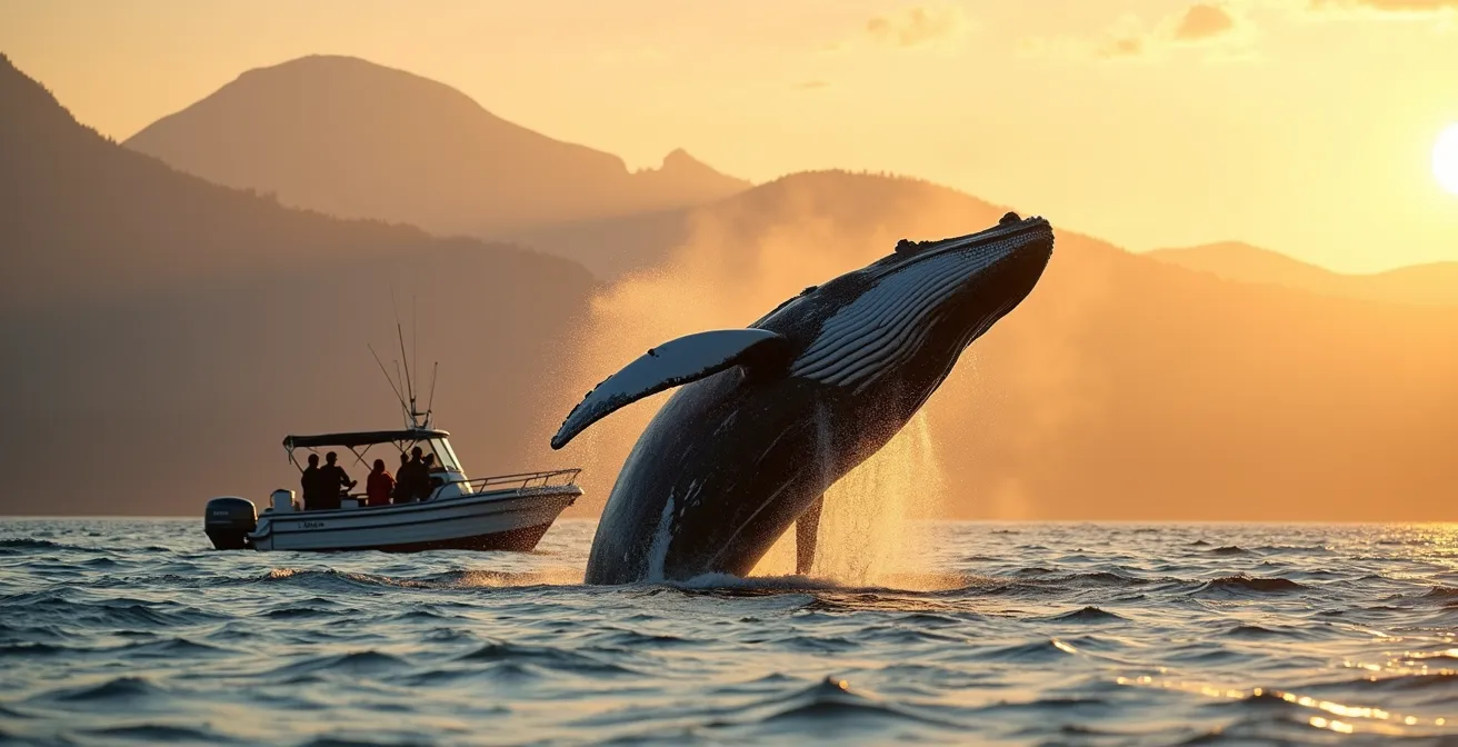 Un groupe de baleines à bosse observées au large des côtes canadiennes sous un ciel lumineux avec un bateau d'observation en arrière-plan