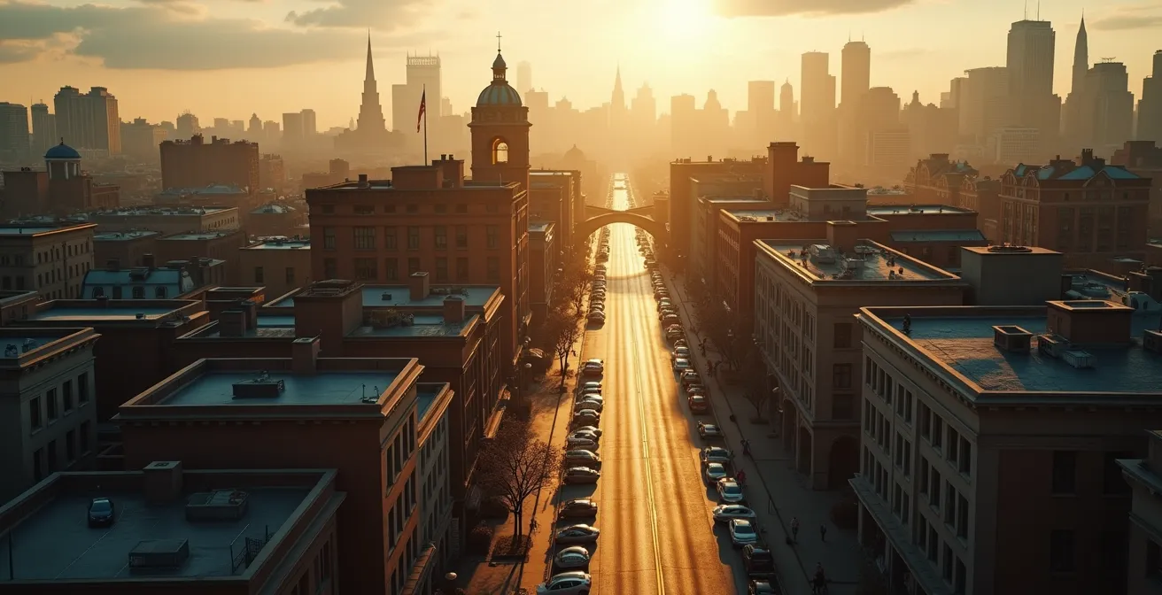 Paysage urbain canadien montrant l'architecture historique et les traces du passé dans le tissu urbain contemporain