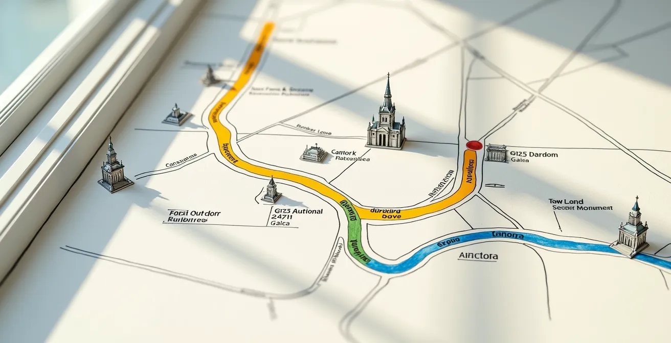 Carte stylisée montrant un circuit piéton reliant trois musées nationaux d'Ottawa avec des arrêts emblématiques extérieurs.