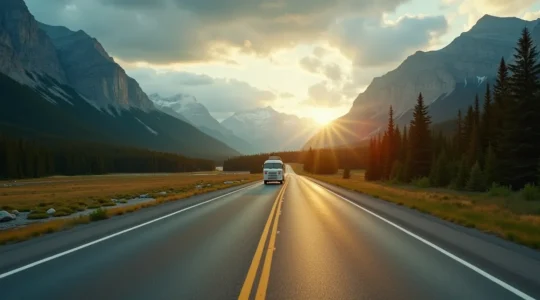 Vue panoramique d'une route canadienne sinueuse traversant montagnes, forêts et lacs emblématiques sous un ciel dramatique