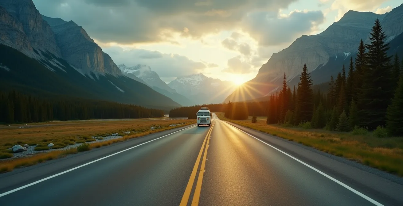 Vue panoramique d'une route canadienne sinueuse traversant montagnes, forêts et lacs emblématiques sous un ciel dramatique