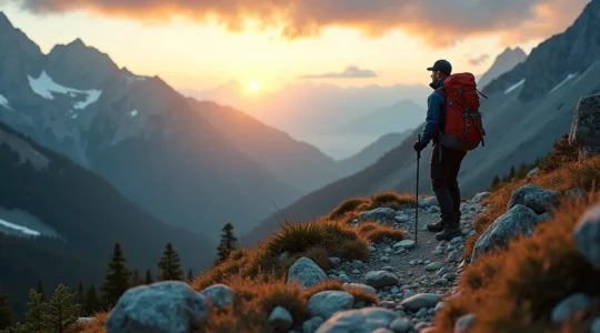 Un montagnard en randonnée alpine sur un sentier au Canada avec un panorama de montagnes sauvages en arrière-plan au coucher du soleil