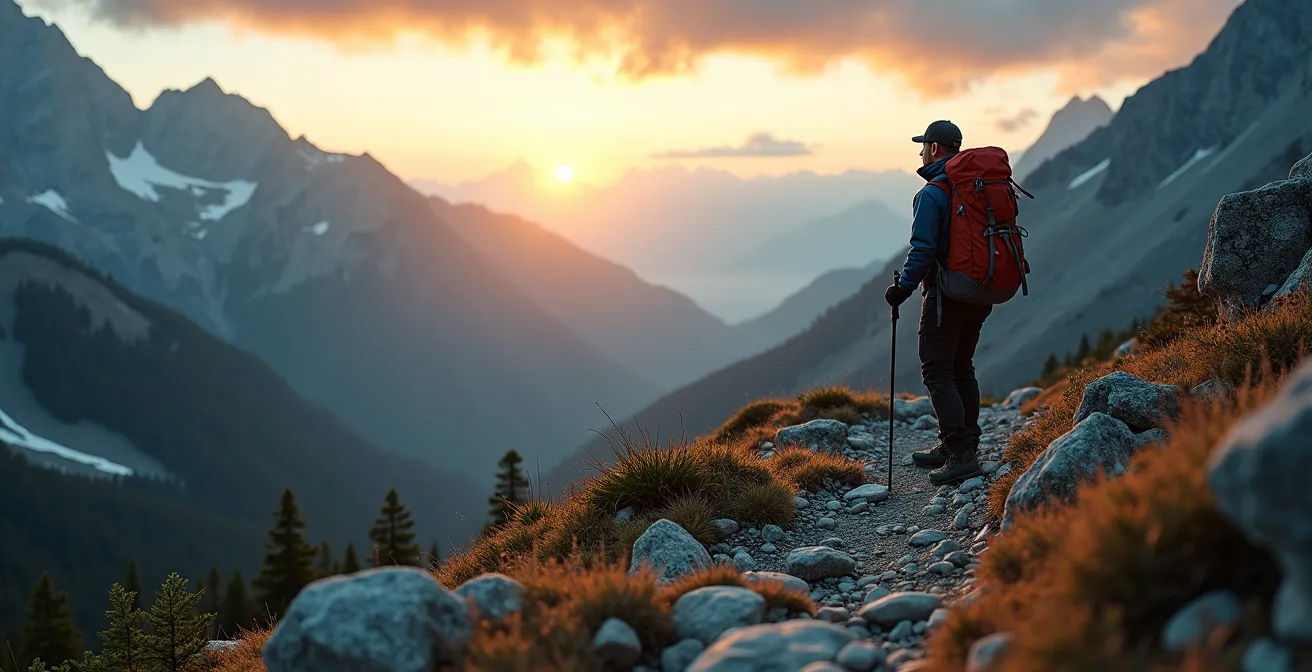 Un montagnard en randonnée alpine sur un sentier au Canada avec un panorama de montagnes sauvages en arrière-plan au coucher du soleil