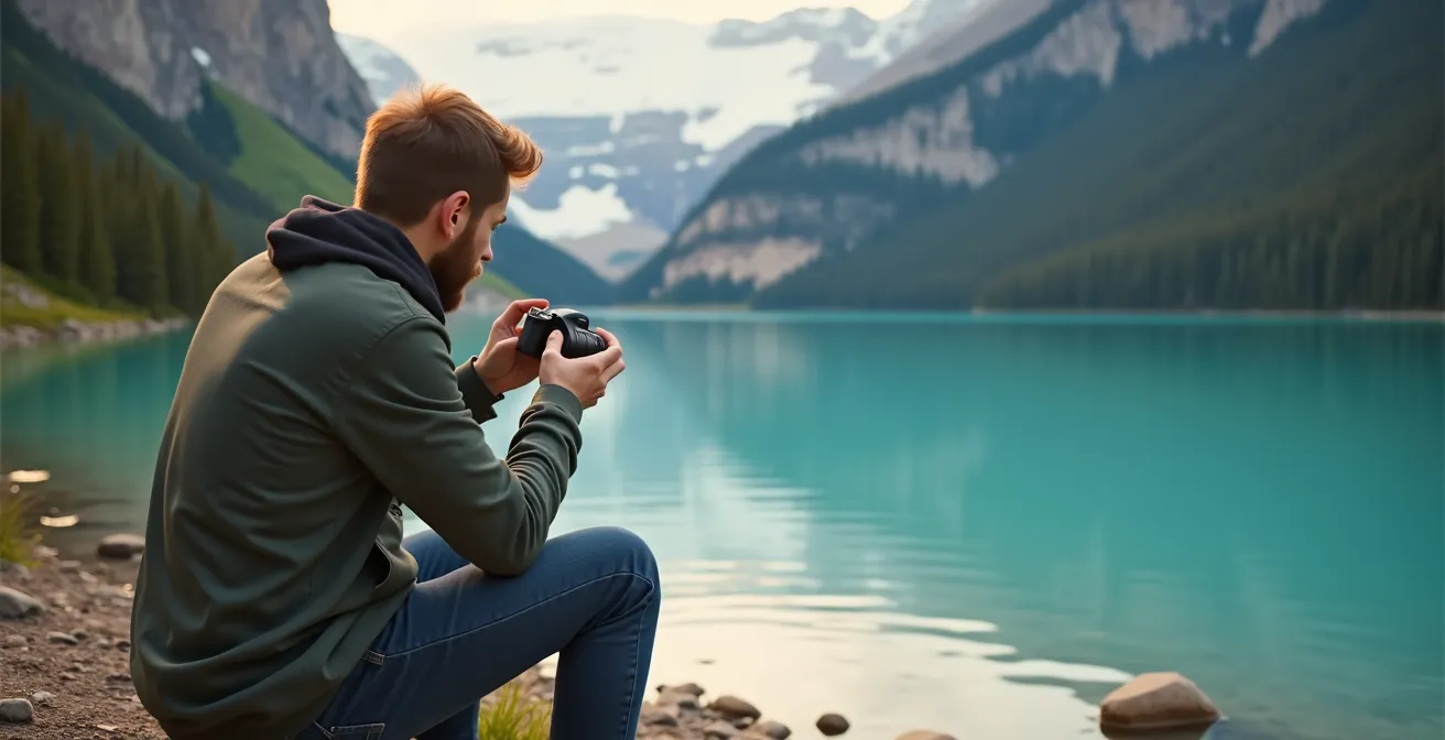 Illustration didactique montrant un photographe utilisant un filtre polarisant au bord d’un lac turquoise des Rocheuses