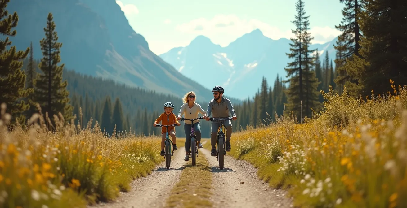 Famille visitant le parc de Banff à vélo sous un ciel clair, ambiance sereine et respectueuse de la nature