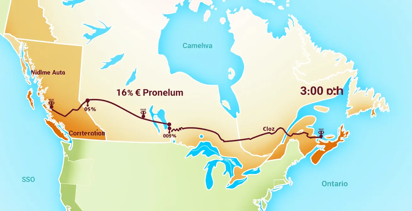 Carte stylisée avec une route sinueuse et annotations de temps de trajet variables indiquant les zones à rallongement de durée au Canada