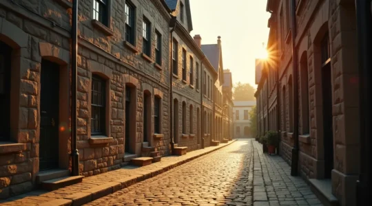 Vue panoramique d'une rue pavée du Vieux-Québec avec bâtiments en pierre historique sous un ciel doux de fin d'après-midi