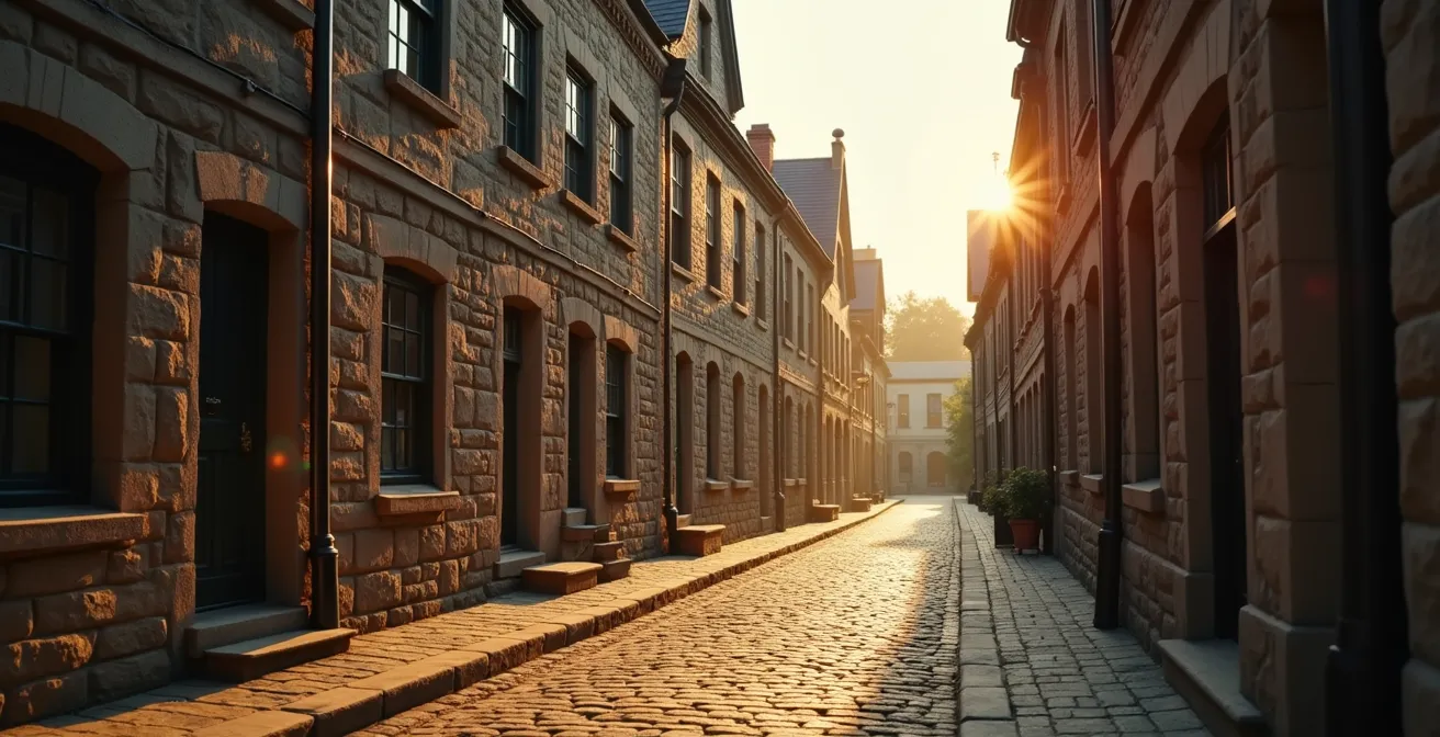 Vue panoramique d'une rue pavée du Vieux-Québec avec bâtiments en pierre historique sous un ciel doux de fin d'après-midi