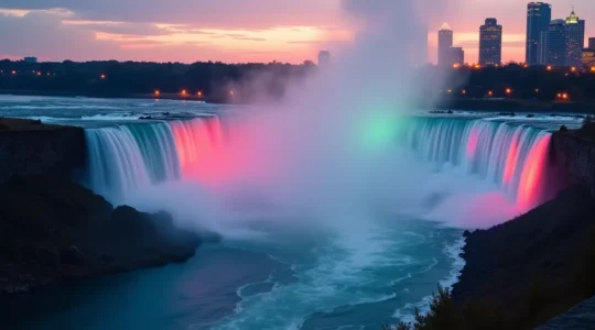 Vue panoramique des chutes du Niagara au crépuscule avec des arcs-en-ciel dans la brume, mélant nature sauvage et éclairage urbain coloré