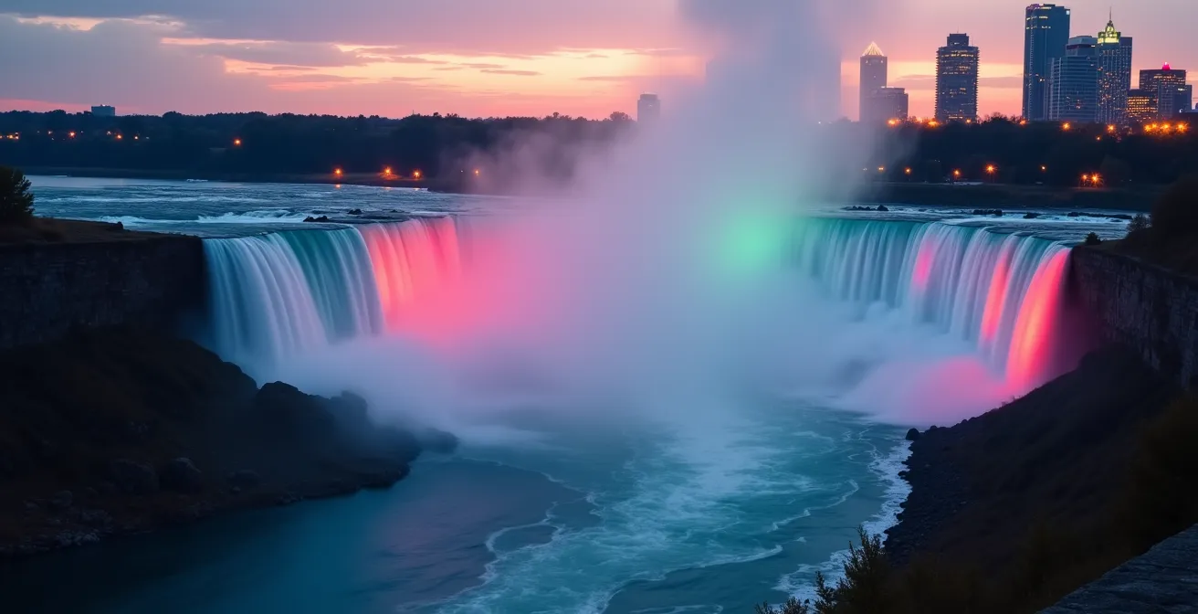 Vue panoramique des chutes du Niagara au crépuscule avec des arcs-en-ciel dans la brume, mélant nature sauvage et éclairage urbain coloré