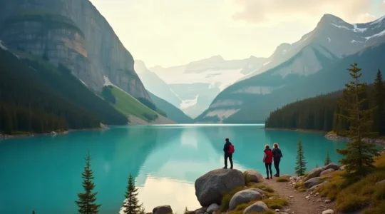 Vue large montrant un paysage naturel emblématique du Canada avec des touristes immersifs loin des foules, symbolisant un voyage authentique.