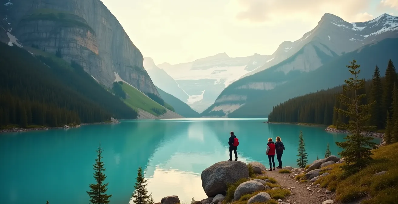 Vue large montrant un paysage naturel emblématique du Canada avec des touristes immersifs loin des foules, symbolisant un voyage authentique.