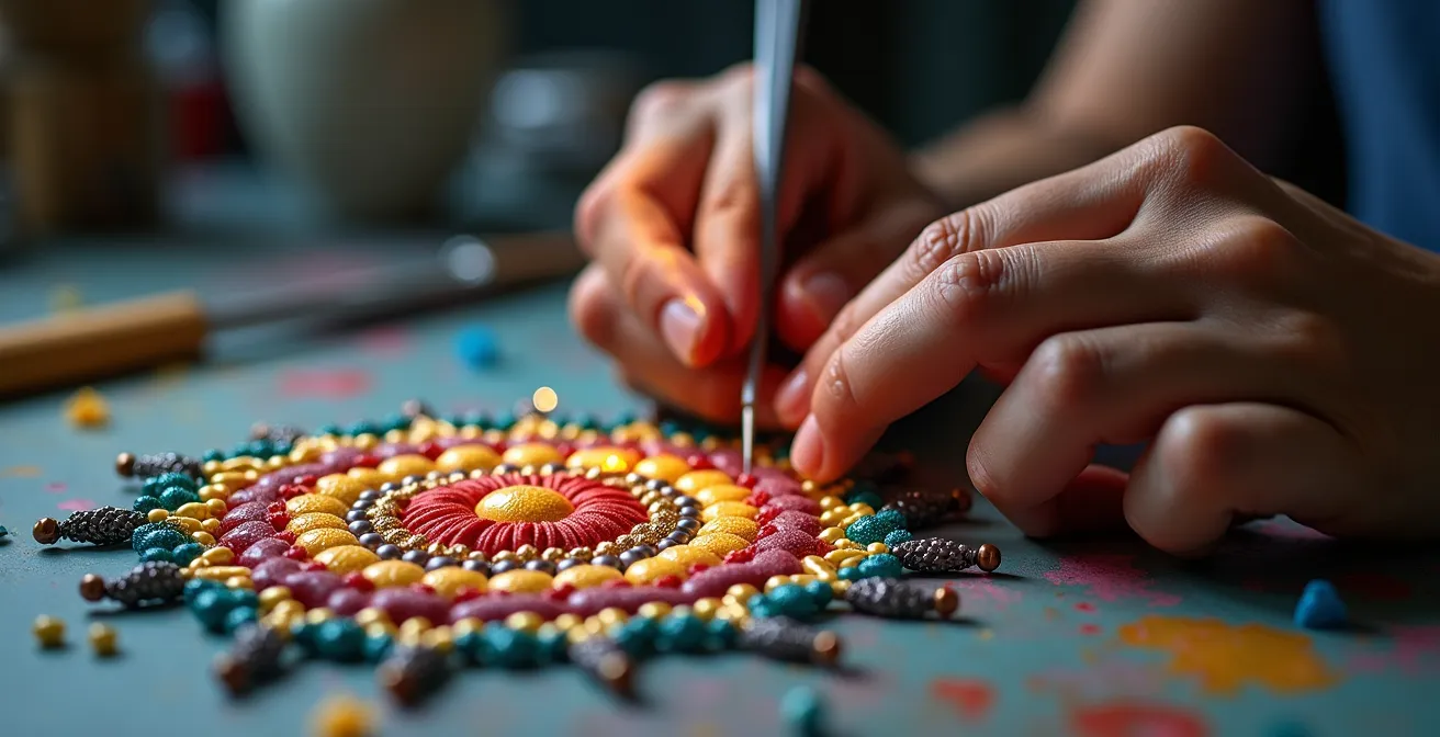 Artiste autochtone travaillant sur une œuvre contemporaine dans son atelier lumineux