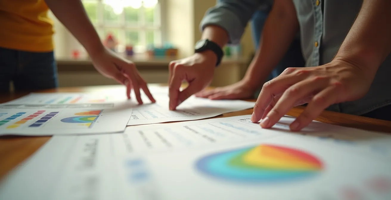 Gros plan sur des mains d'enseignant et de parent examinant ensemble des documents d'évaluation autour d'une table