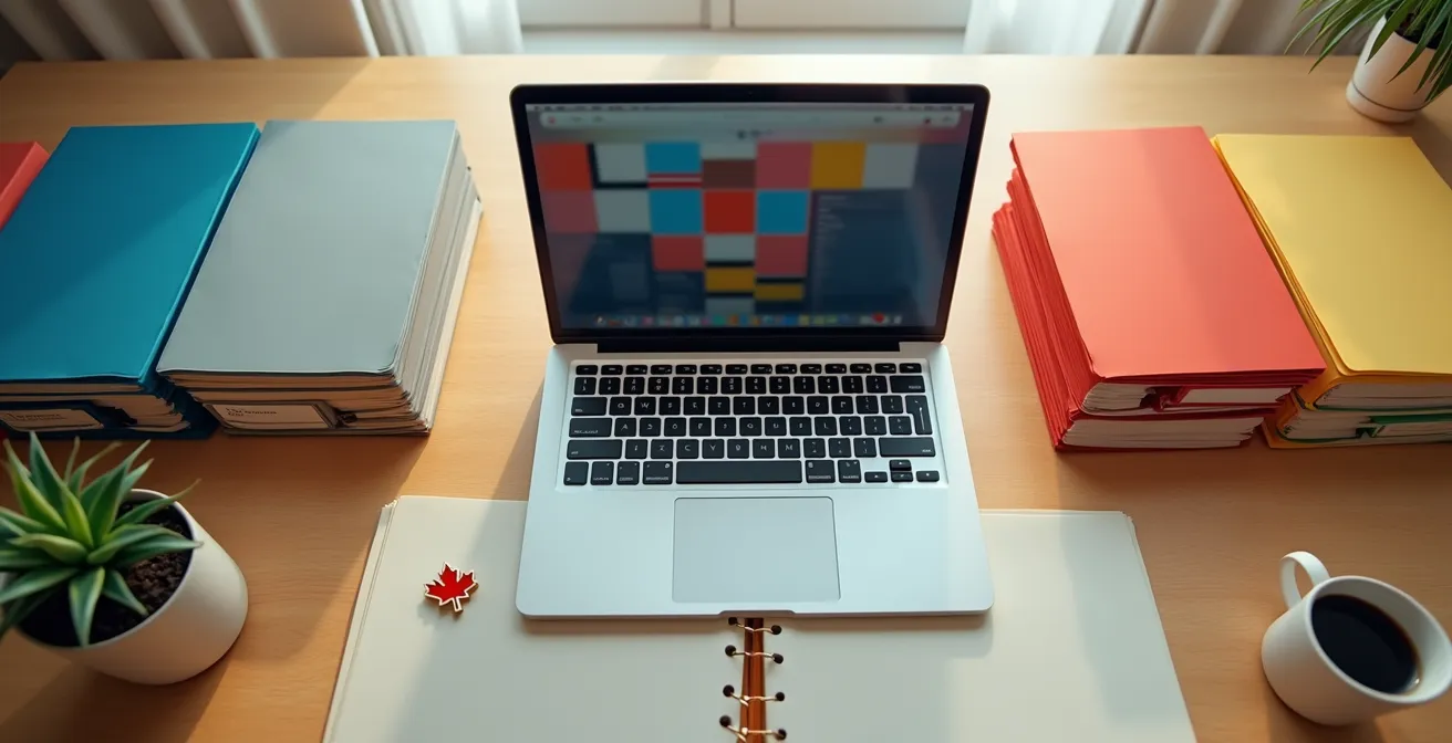 Vue aérienne d'un bureau organisé avec dossiers colorés et ordinateur portable montrant des formulaires flous