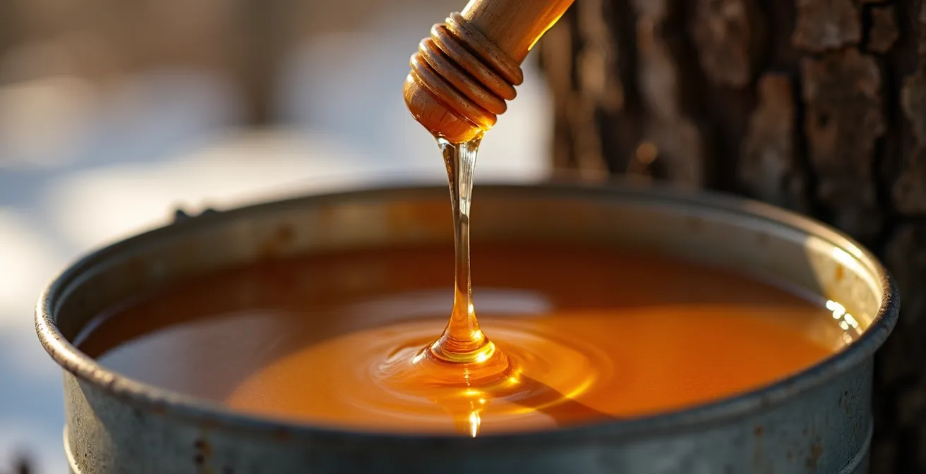 Érablière traditionnelle canadienne au printemps avec tubulures bleues entre les érables et lumière dorée filtrant à travers les branches