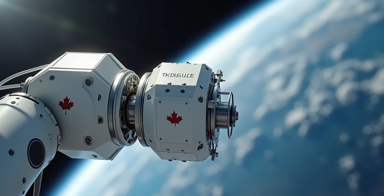 Gros plan macro sur les mécanismes complexes d'un bras robotique blanc dans l'espace