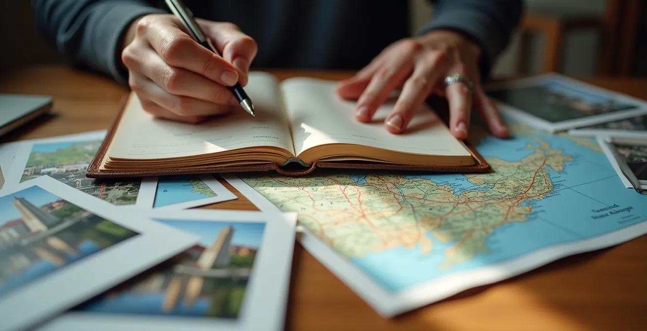 Mains tenant un carnet de notes avec stylo, cartes et photos du Canada éparpillées sur une table en bois