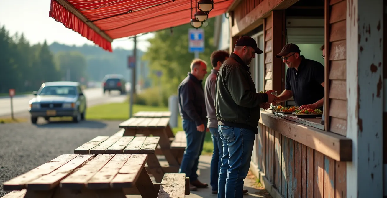 Casse-croûte typique québécois au bord de la route avec clients locaux et ambiance rétro