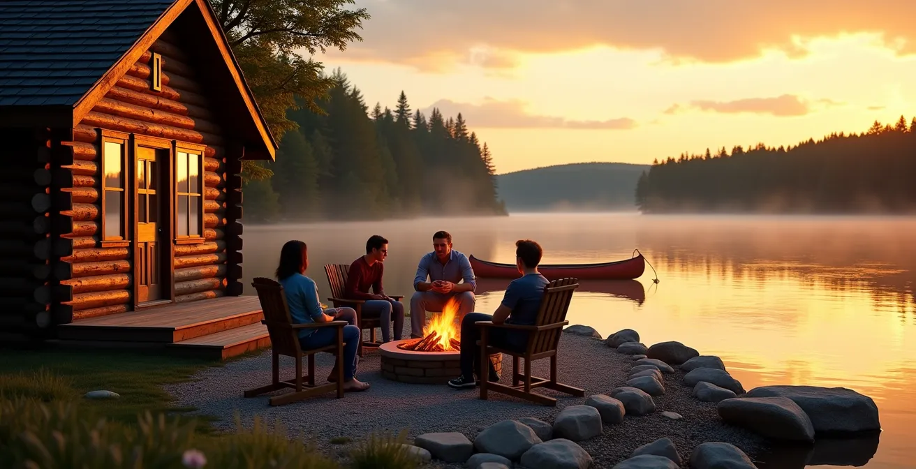 Chalet en bois rond au bord d'un lac québécois entouré de forêt boréale
