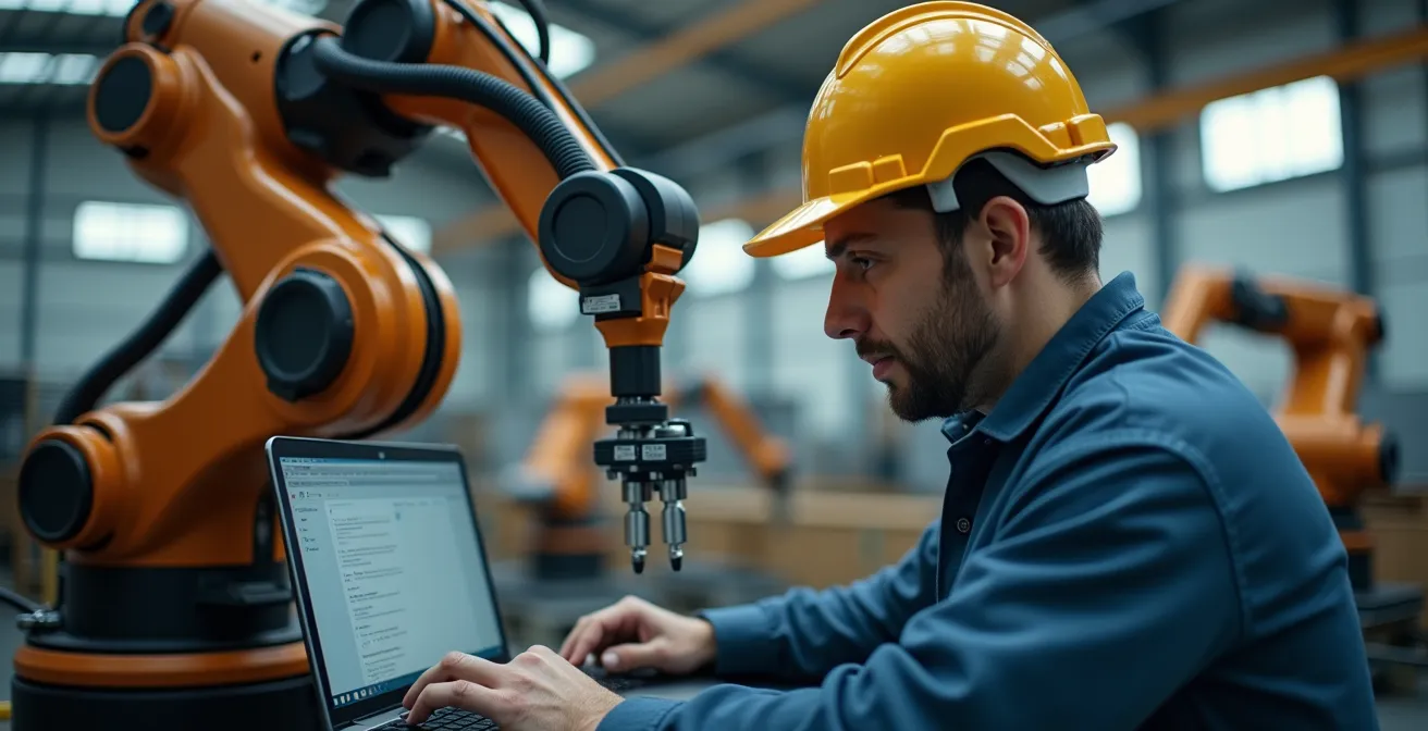 Technicien programmant un robot collaboratif dans une usine canadienne