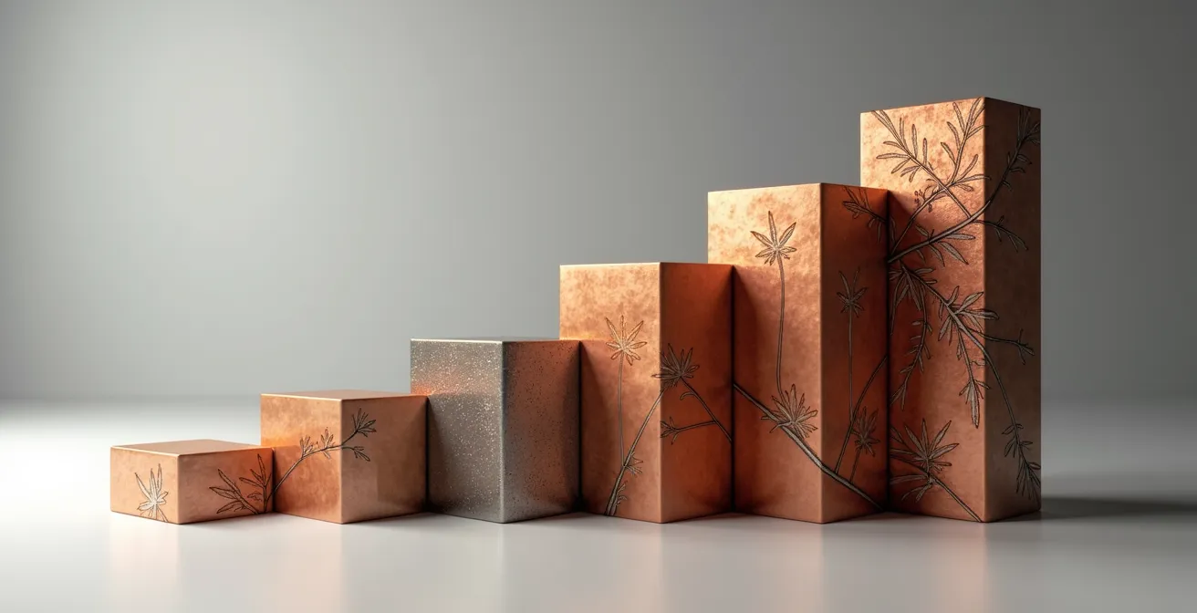 Représentation visuelle abstraite de barres graphiques en 3D comparant les économies du G7, avec des éléments architecturaux iconiques de chaque pays intégrés dans les barres