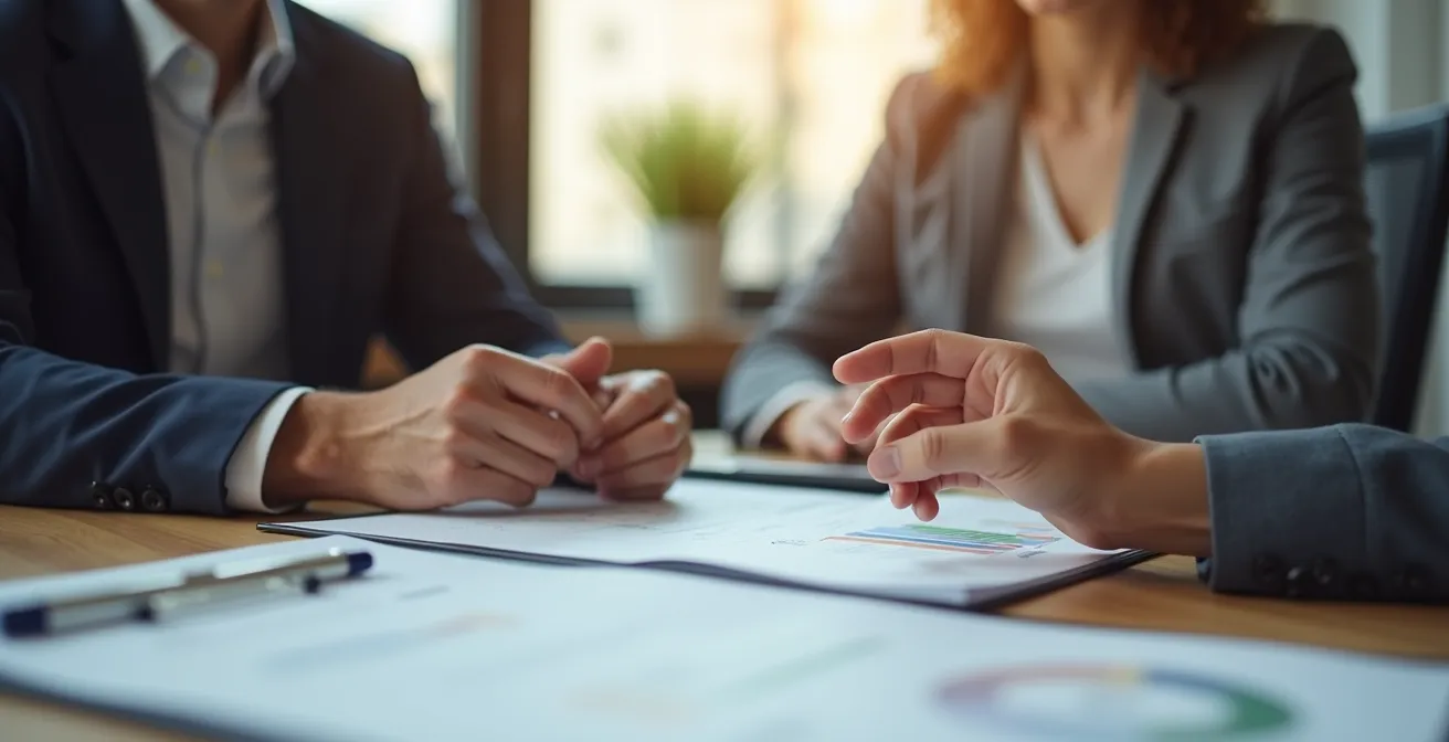 Professionnel en consultation avec documents d'immigration sur bureau moderne