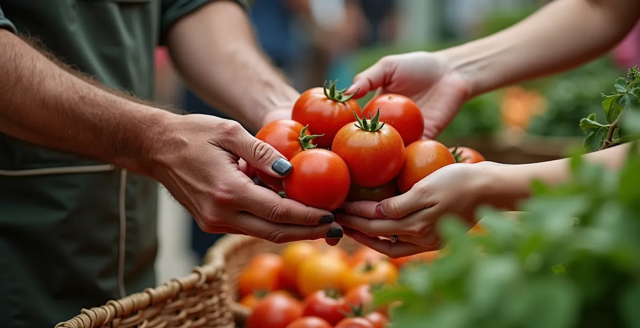 Échange convivial entre touriste et vendeur local sur un marché canadien