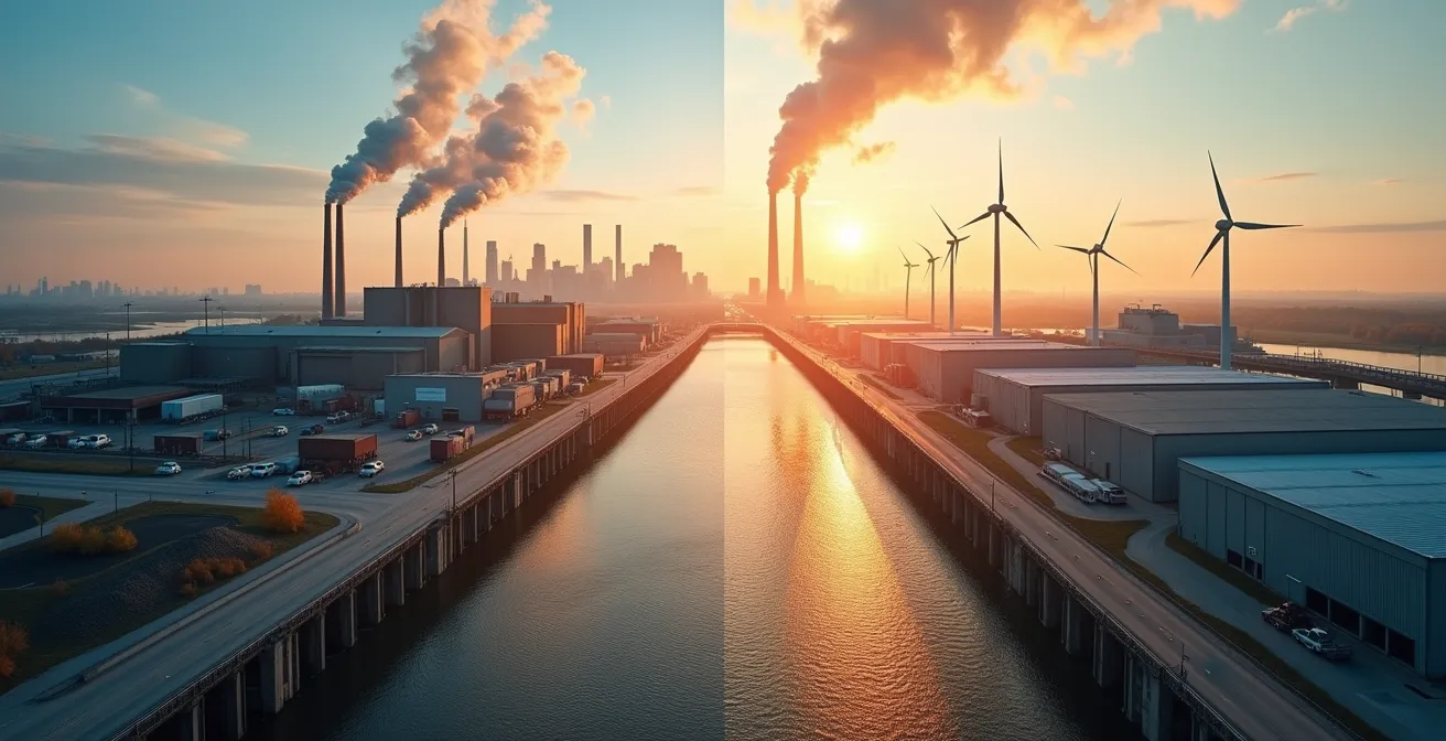 Vue du corridor industriel automobile entre Windsor et Detroit avec le pont Ambassador en arrière-plan